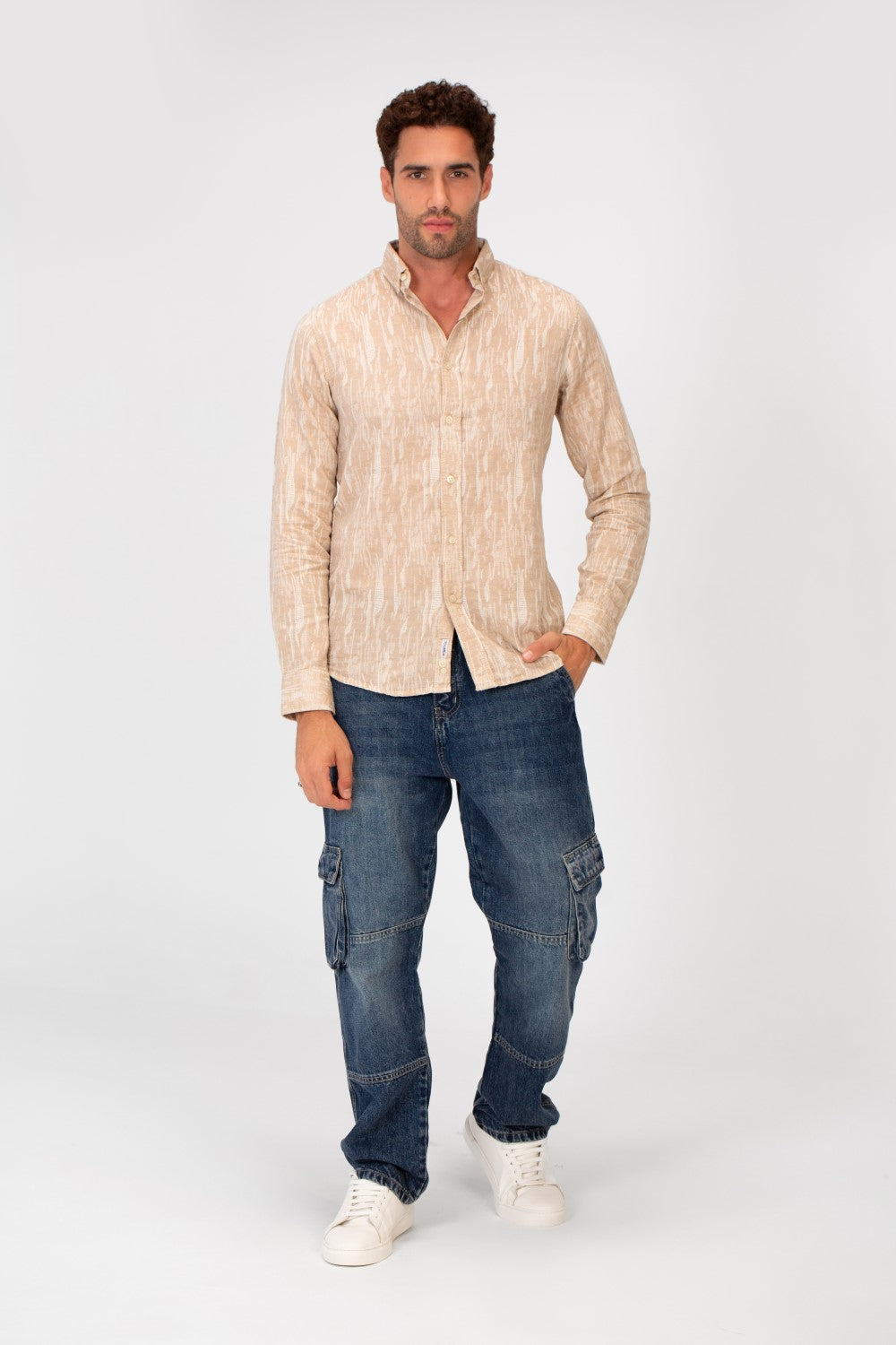 Men's Long Sleeve Slim Fit Jakar Printed Linen Shirt