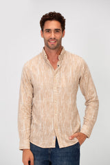 Men's Long Sleeve Slim Fit Jakar Printed Linen Shirt