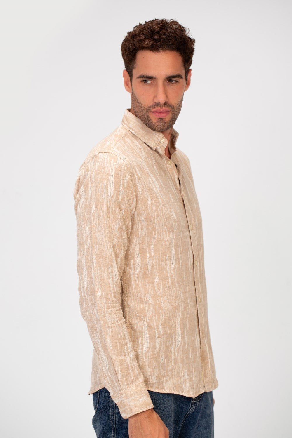 Men's Long Sleeve Slim Fit Jakar Printed Linen Shirt