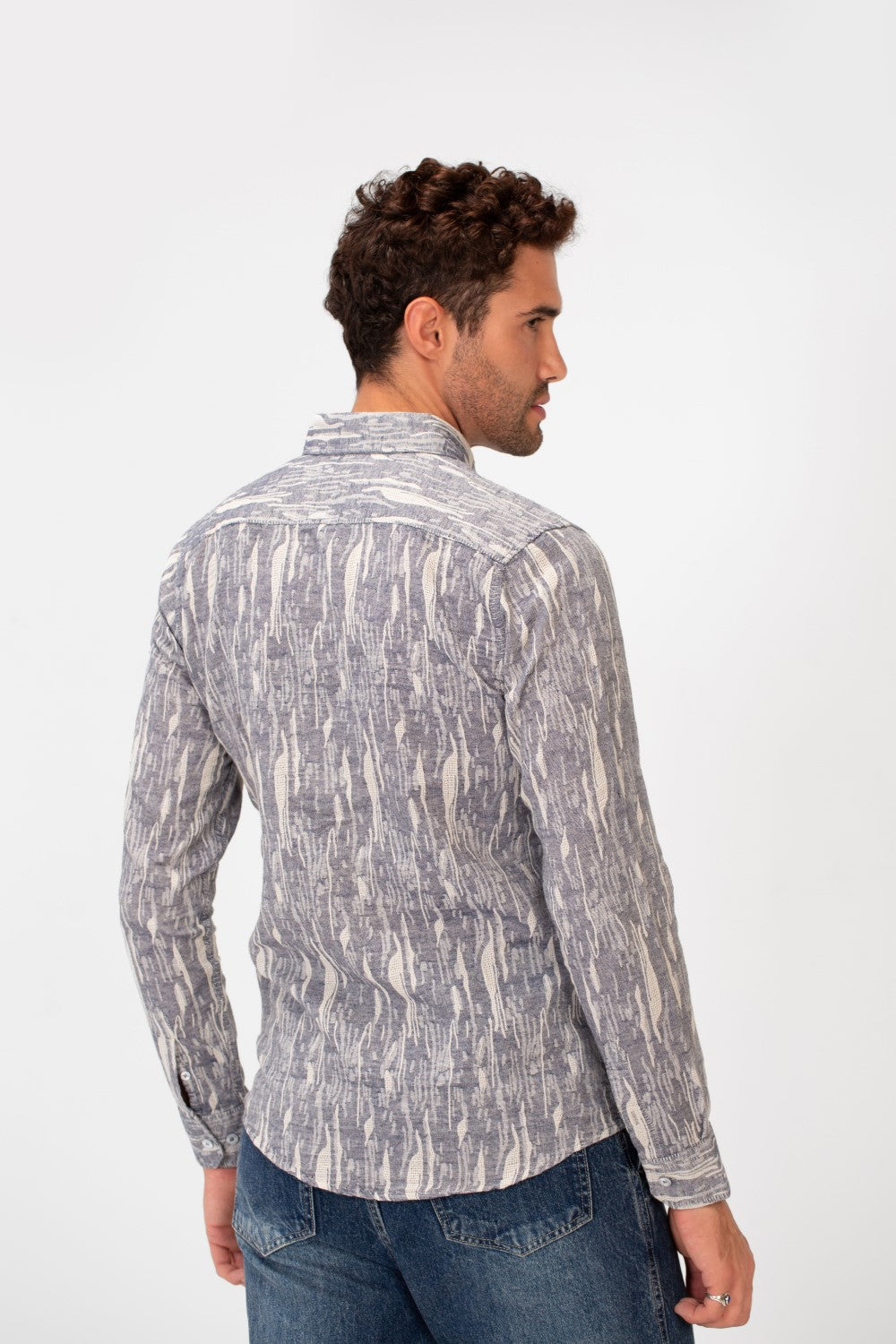 Men's Long Sleeve Slim Fit Jakar Printed Linen Shirt
