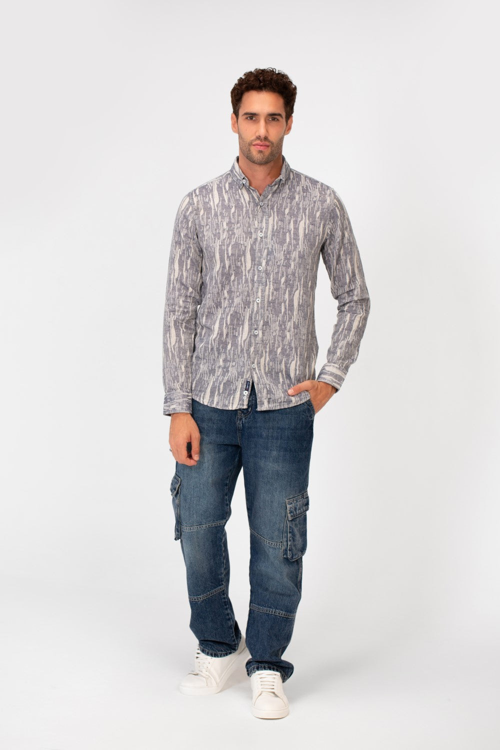 Men's Long Sleeve Slim Fit Jakar Printed Linen Shirt