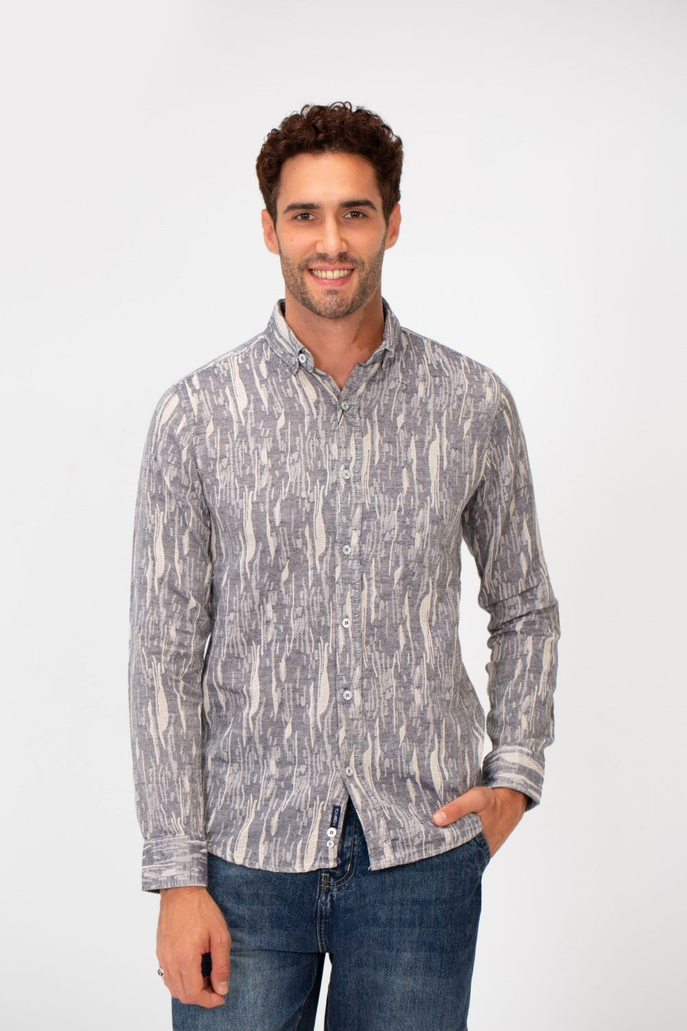 Men's Long Sleeve Slim Fit Jakar Printed Linen Shirt