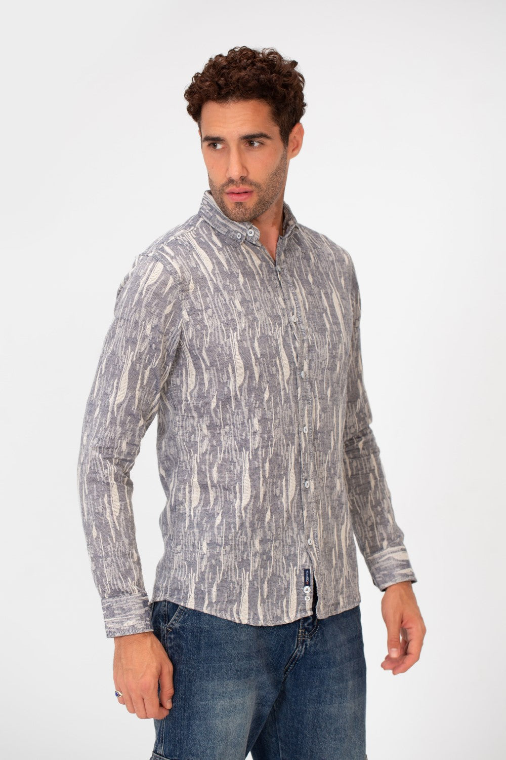 Men's Long Sleeve Slim Fit Jakar Printed Linen Shirt