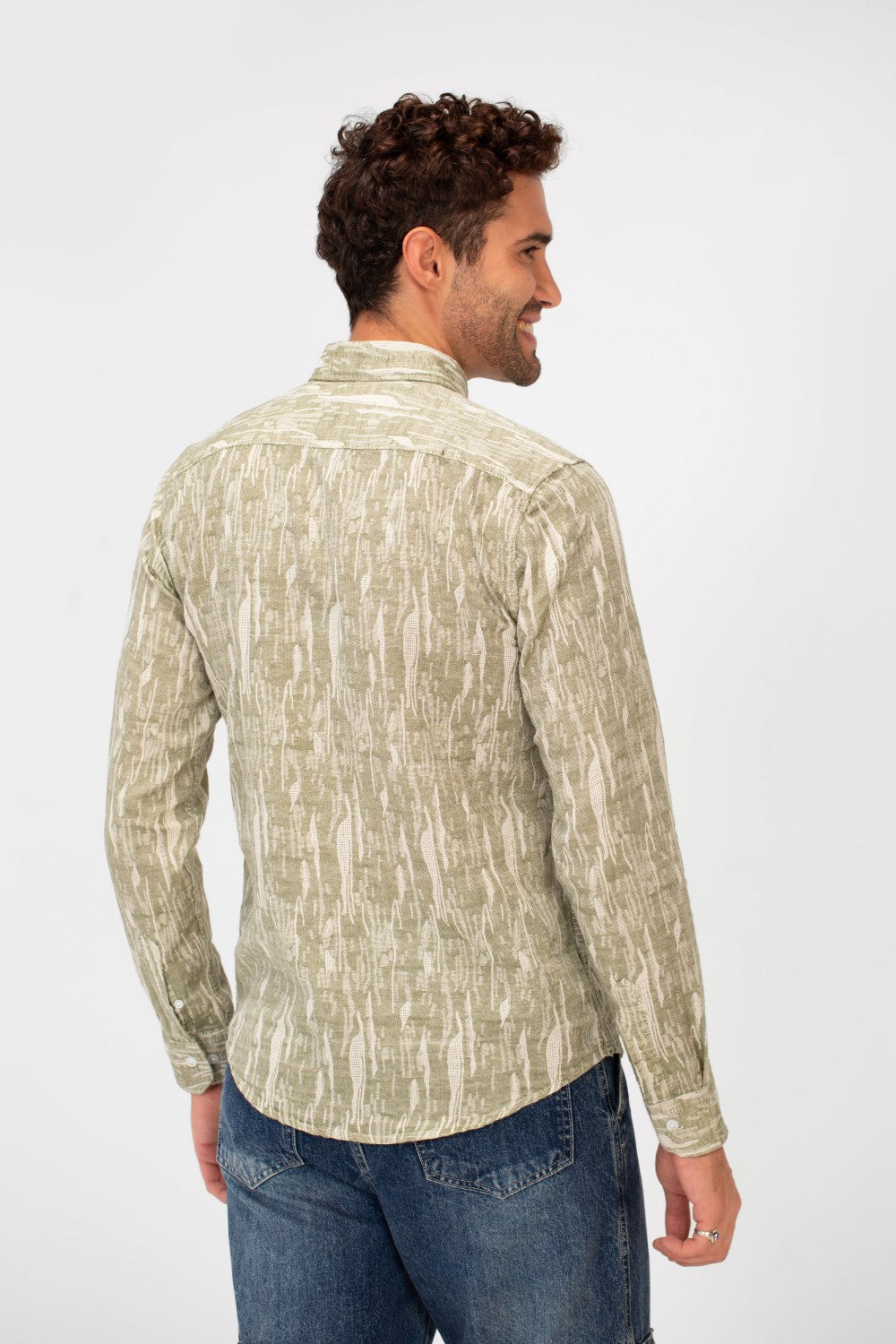 Men's Long Sleeve Slim Fit Jakar Printed Linen Shirt