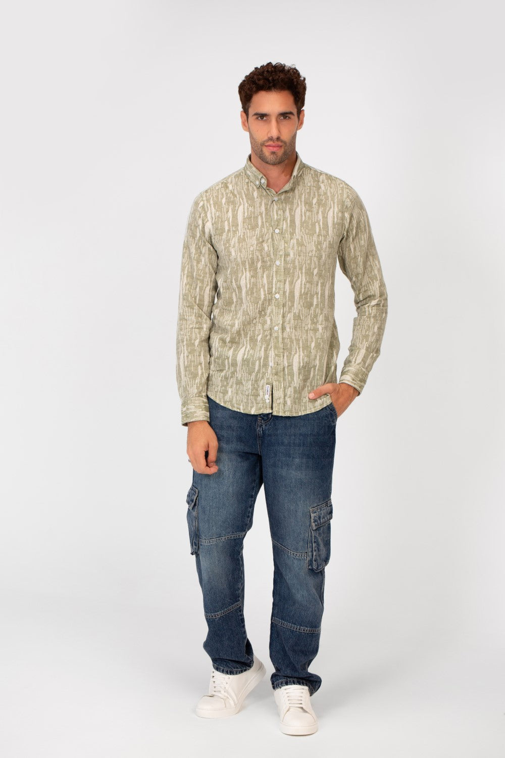 Men's Long Sleeve Slim Fit Jakar Printed Linen Shirt