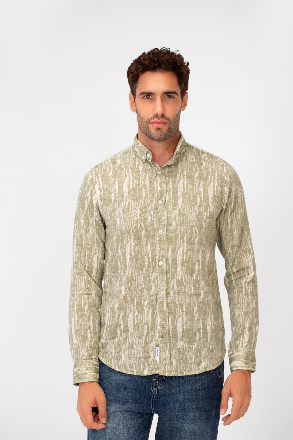 Men's Long Sleeve Slim Fit Jakar Printed Linen Shirt