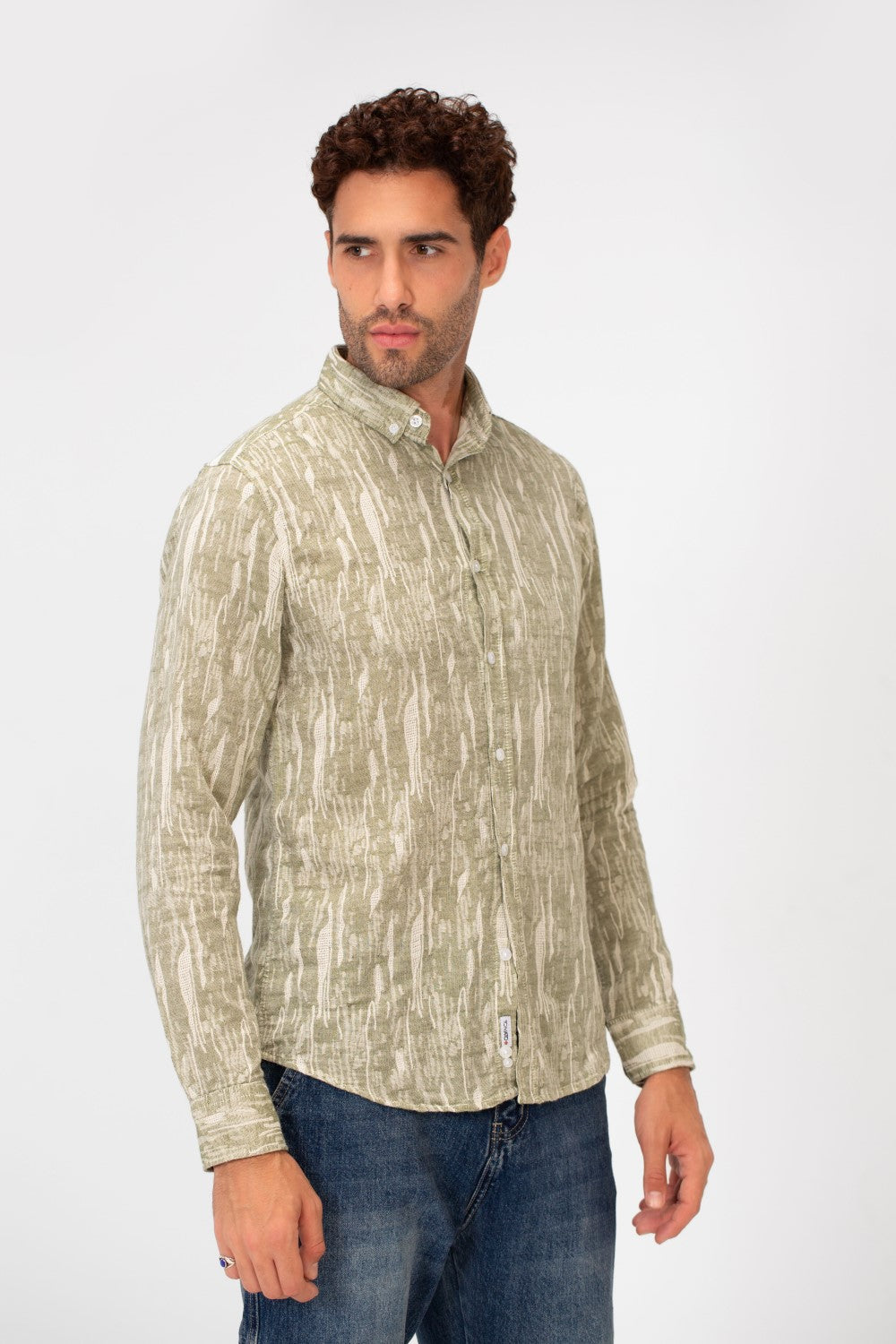 Men's Long Sleeve Slim Fit Jakar Printed Linen Shirt