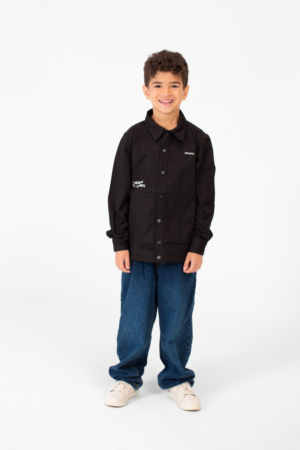 Boy's Tomato Gabardine Text Print Collar Long Sleeves Shirt