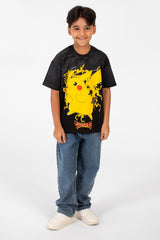 تي شيرت للأولاد بأكمام قصيرة ورقبة دائرية ومقاس كبير مع طبعة بيكاتشو أمامية