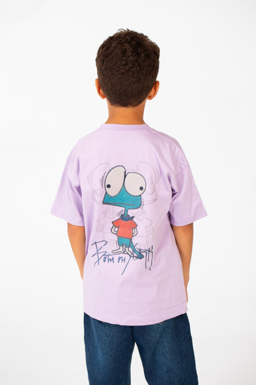 تي شيرت مطبوع كبير الحجم بأكمام قصيرة ورقبة دائرية للأولاد