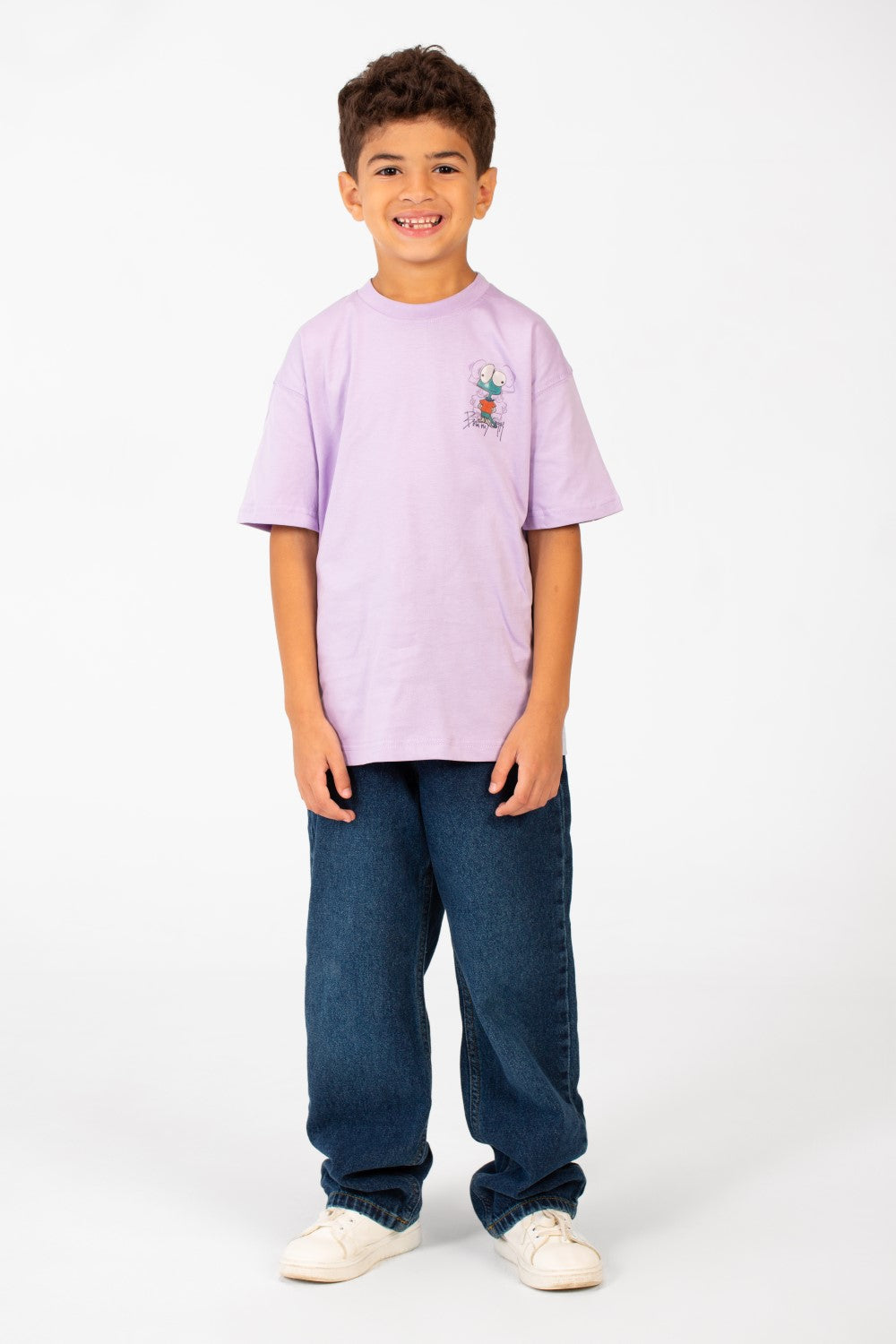 تي شيرت مطبوع كبير الحجم بأكمام قصيرة ورقبة دائرية للأولاد