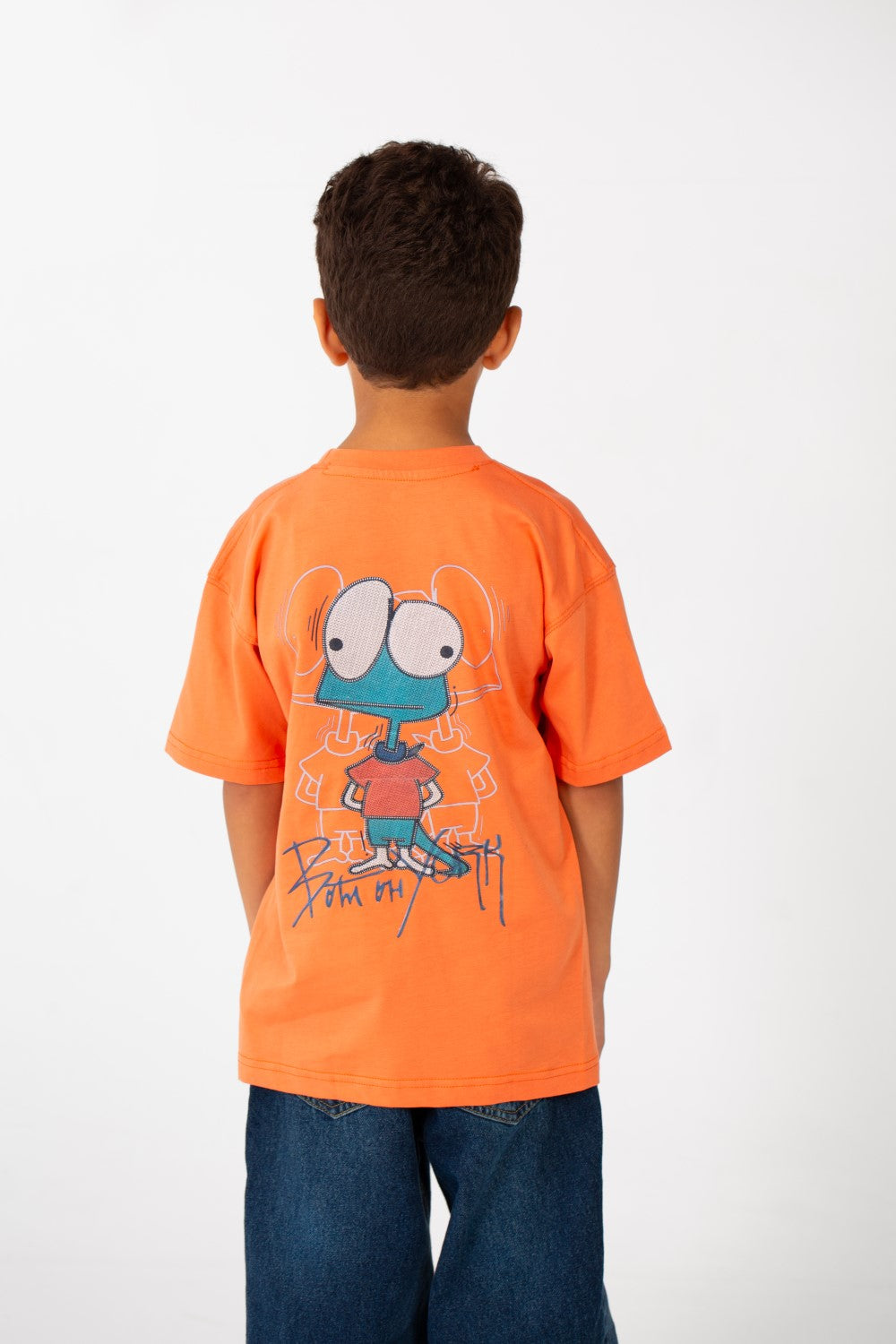 تي شيرت مطبوع كبير الحجم بأكمام قصيرة ورقبة دائرية للأولاد