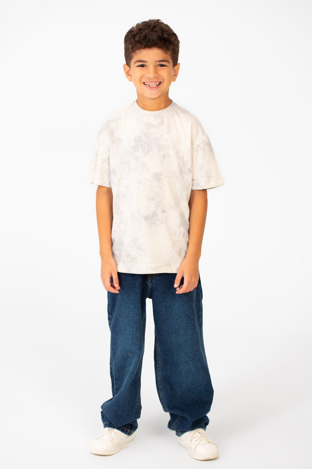 تي شيرت للأولاد بأكمام قصيرة ومقاس كبير ومصبوغ بالربطة وطبعة Hugger