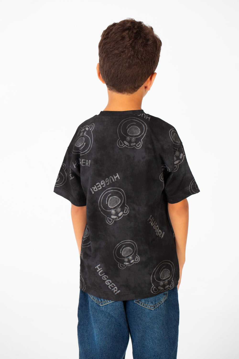 تي شيرت للأولاد بأكمام قصيرة ومقاس كبير ومصبوغ بالربطة وطبعة Hugger