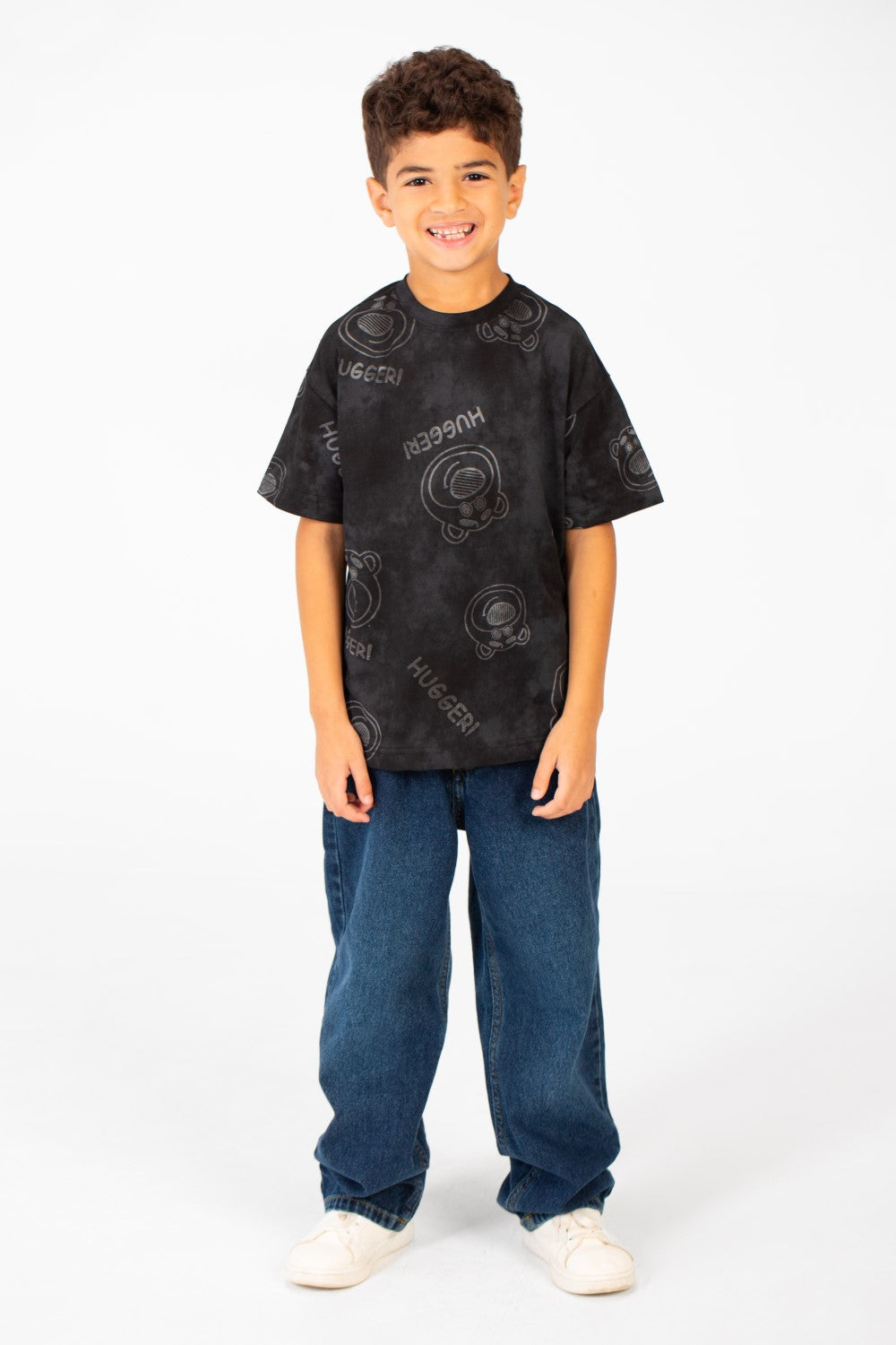 تي شيرت للأولاد بأكمام قصيرة ومقاس كبير ومصبوغ بالربطة وطبعة Hugger