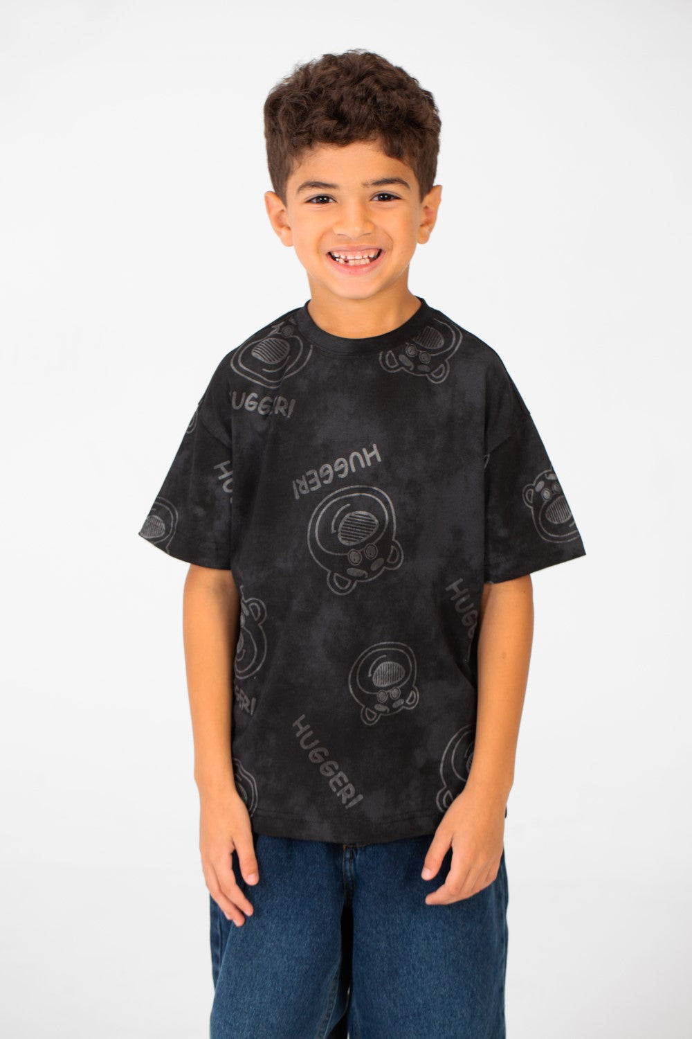 تي شيرت للأولاد بأكمام قصيرة ومقاس كبير ومصبوغ بالربطة وطبعة Hugger