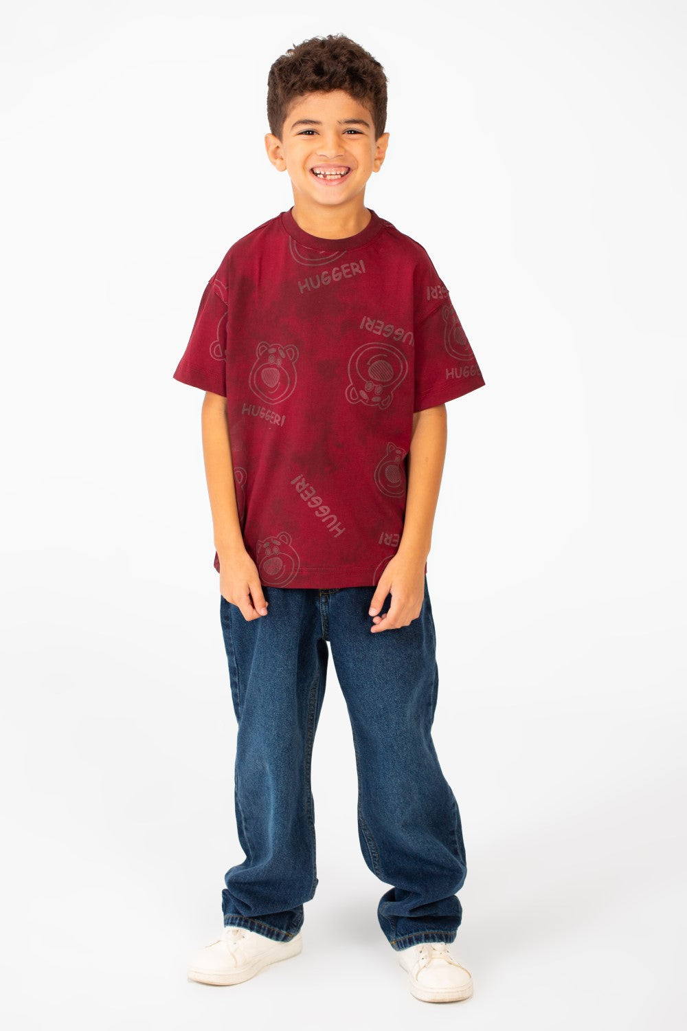 تي شيرت للأولاد بأكمام قصيرة ومقاس كبير ومصبوغ بالربطة وطبعة Hugger