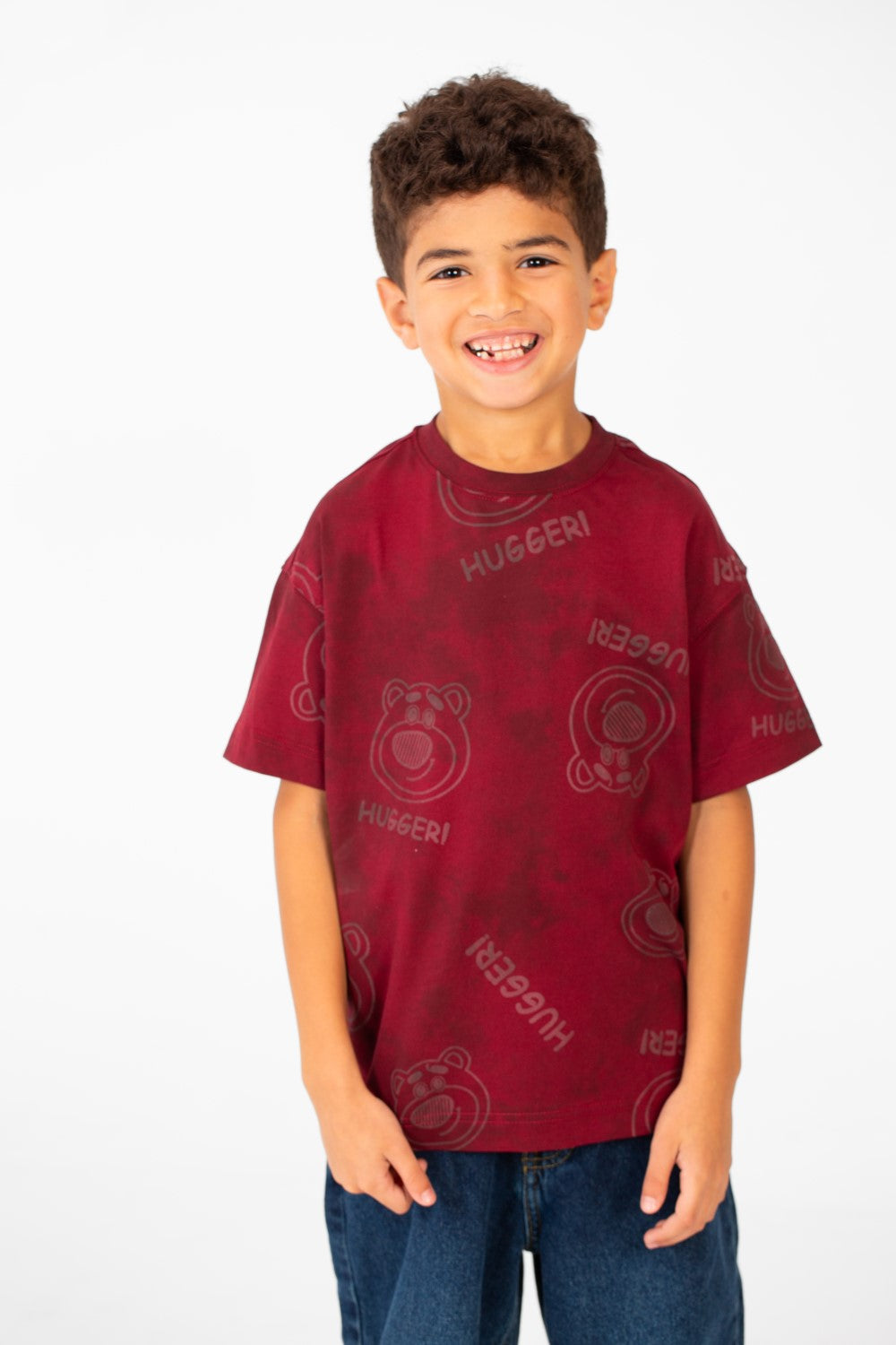 تي شيرت للأولاد بأكمام قصيرة ومقاس كبير ومصبوغ بالربطة وطبعة Hugger