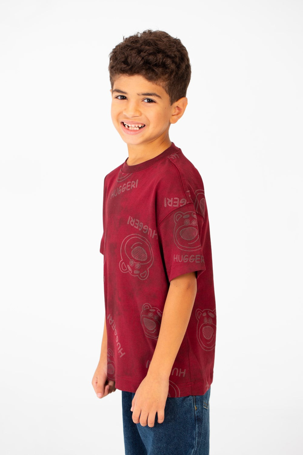 تي شيرت للأولاد بأكمام قصيرة ومقاس كبير ومصبوغ بالربطة وطبعة Hugger