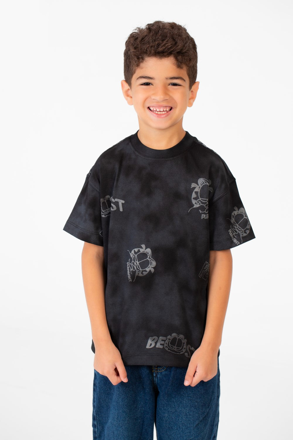 تي شيرت مطبوع بأكمام قصيرة ورقبة دائرية للأولاد