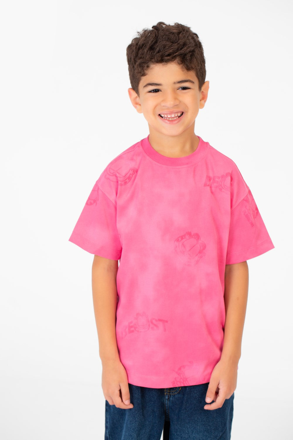 تي شيرت مطبوع بأكمام قصيرة ورقبة دائرية للأولاد