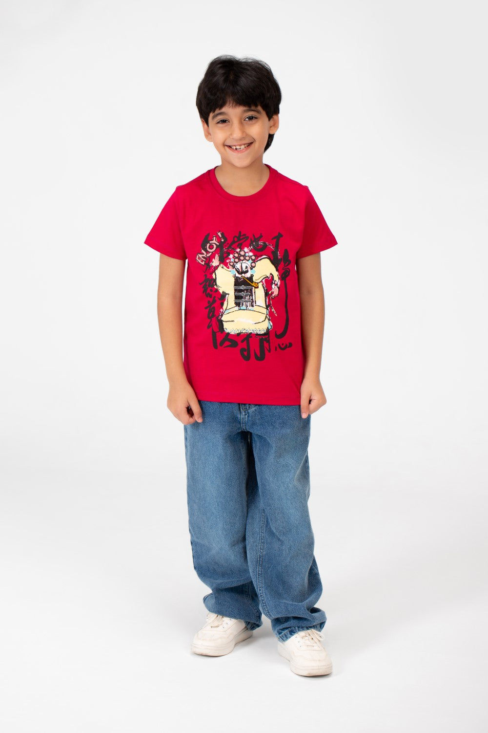 تي شيرت بأكمام قصيرة وطبعة أمامية للأولاد