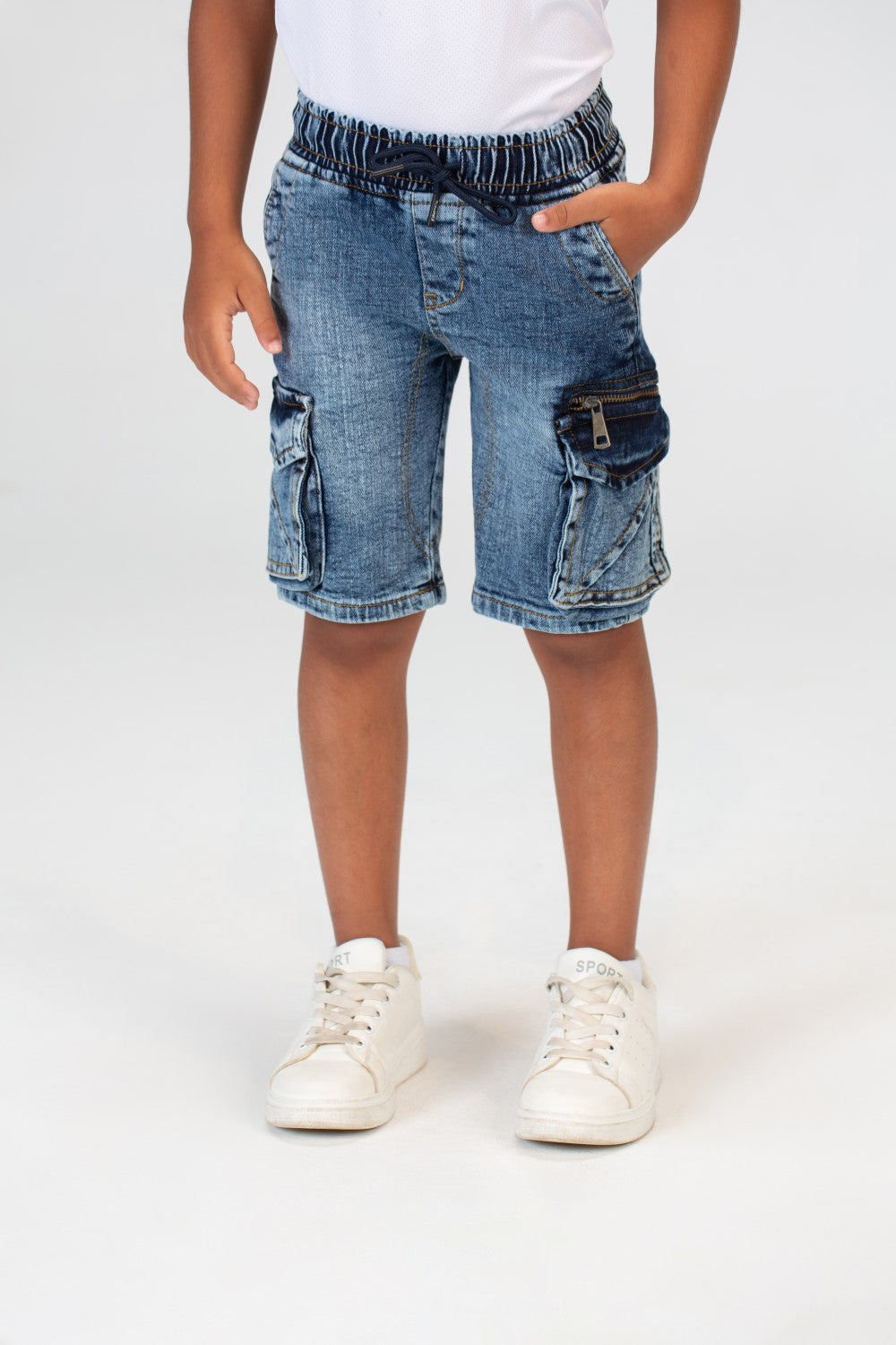 بنطلون جينز للأولاد مستعمل، شورت كاجوال مع جيوب جانبية وسحاب على الجانب
