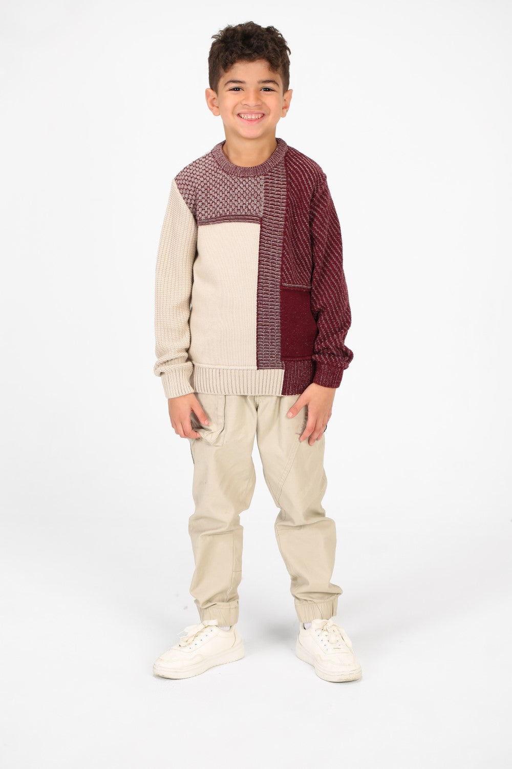 بلوفر صوف محبوك بأكمام طويلة من القطن للأولاد بنصفين ونصف