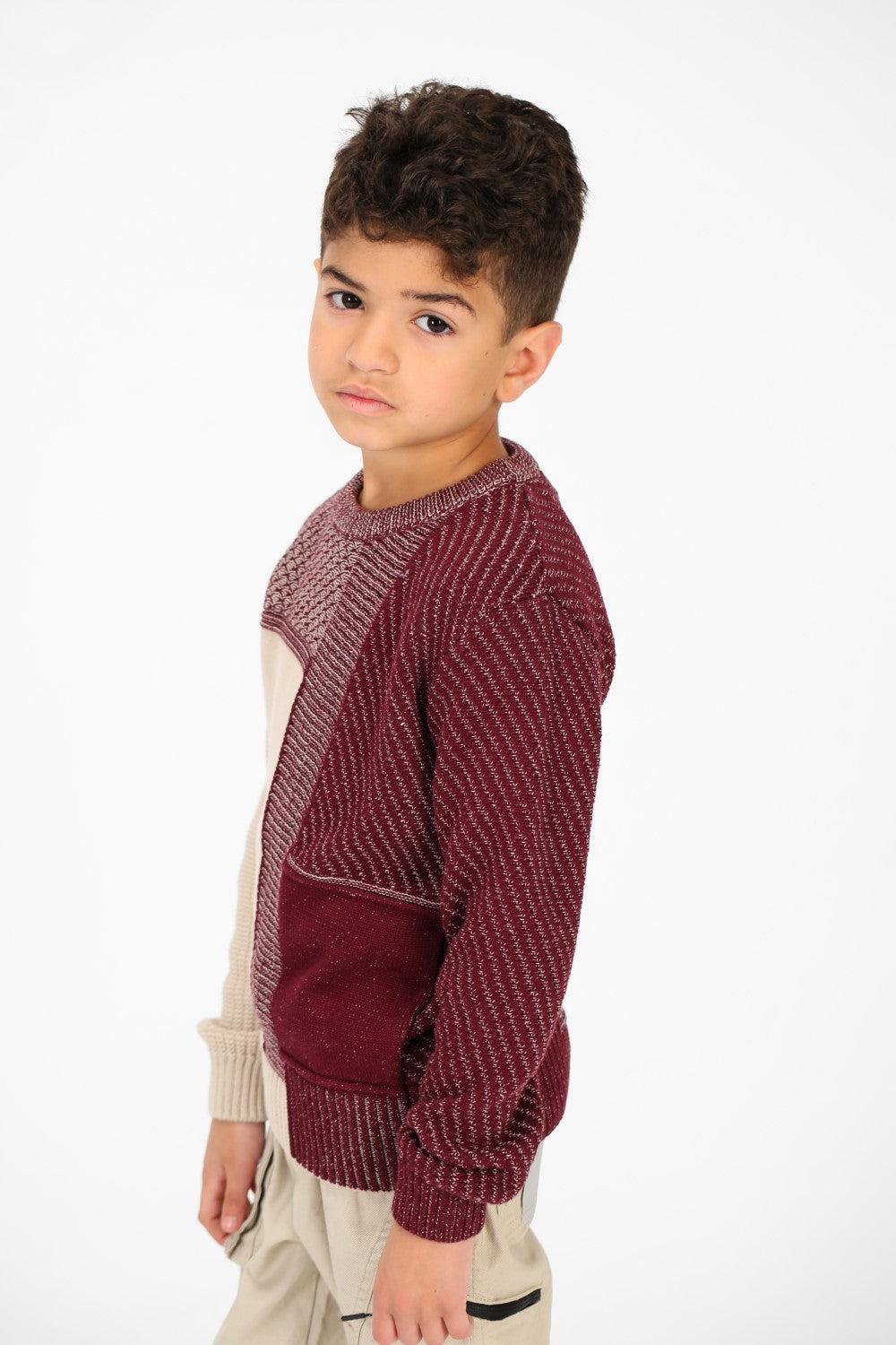 بلوفر صوف محبوك بأكمام طويلة من القطن للأولاد بنصفين ونصف