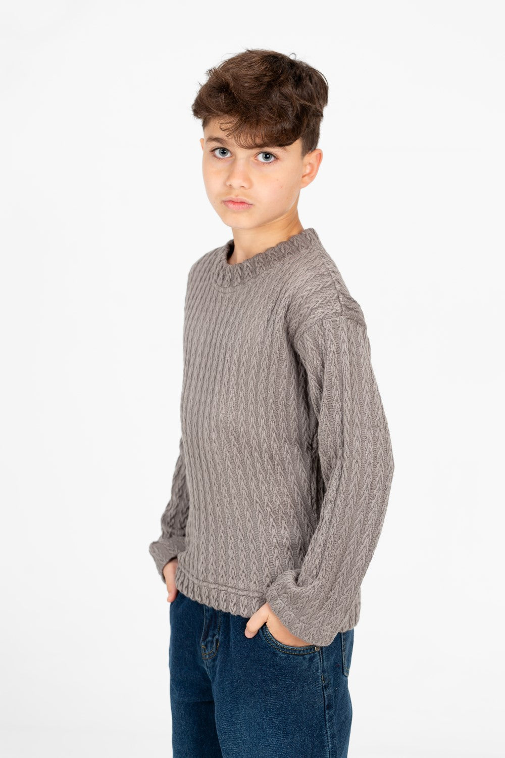 سترة صوفية سادة محبوكة بأكمام طويلة ورقبة دائرية للأولاد