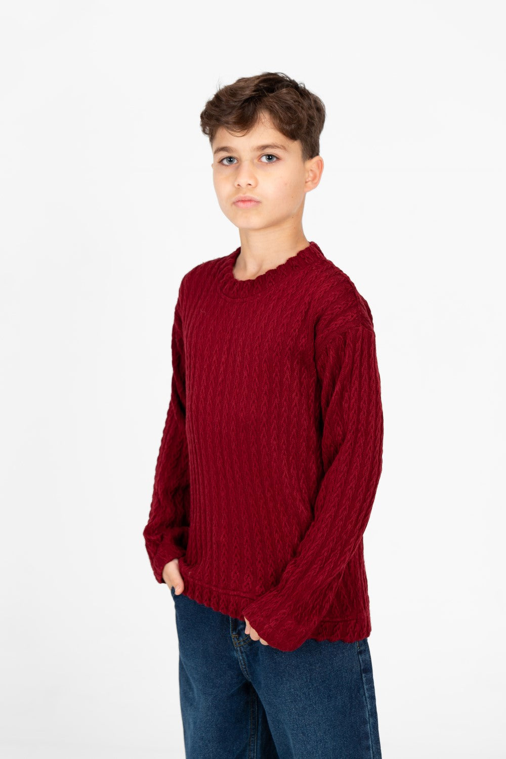 سترة صوفية سادة محبوكة بأكمام طويلة ورقبة دائرية للأولاد