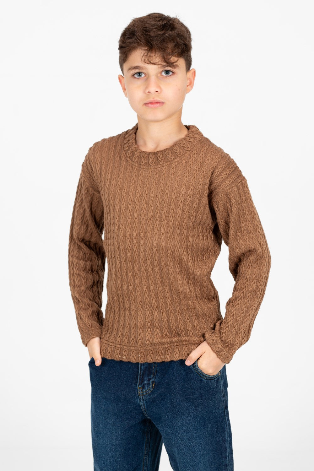 سترة صوفية سادة محبوكة بأكمام طويلة ورقبة دائرية للأولاد