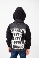 Boy's Back Text Print Denim Jacket With Melton Sleeves & Hood