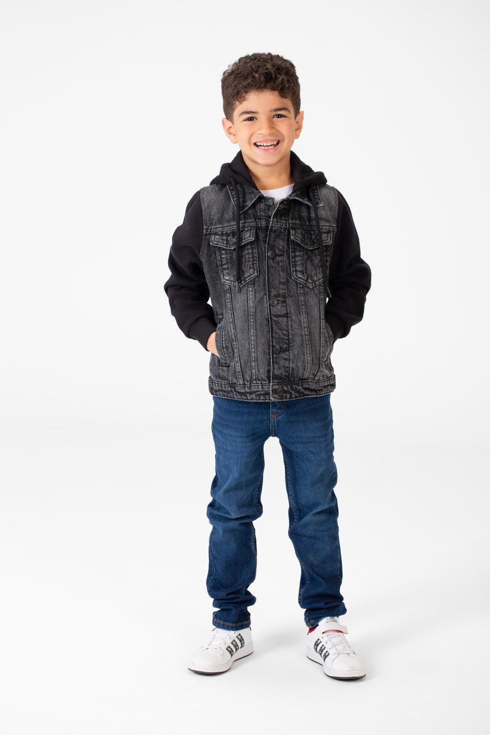 Boy's Back Text Print Denim Jacket With Melton Sleeves & Hood