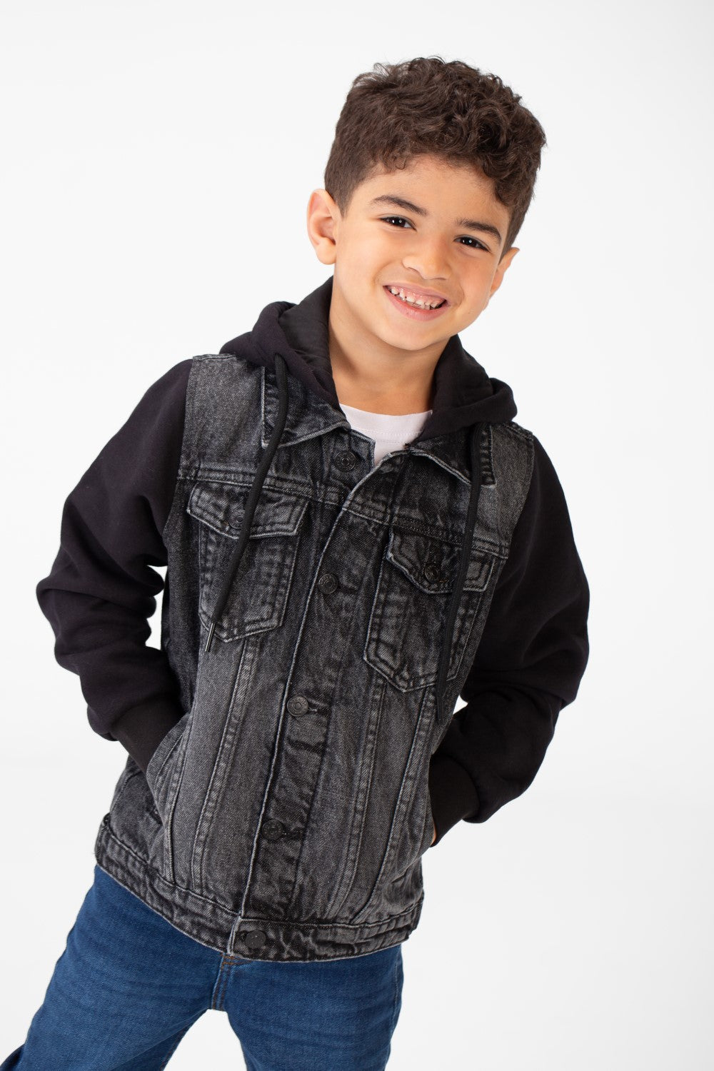 Boy's Back Text Print Denim Jacket With Melton Sleeves & Hood