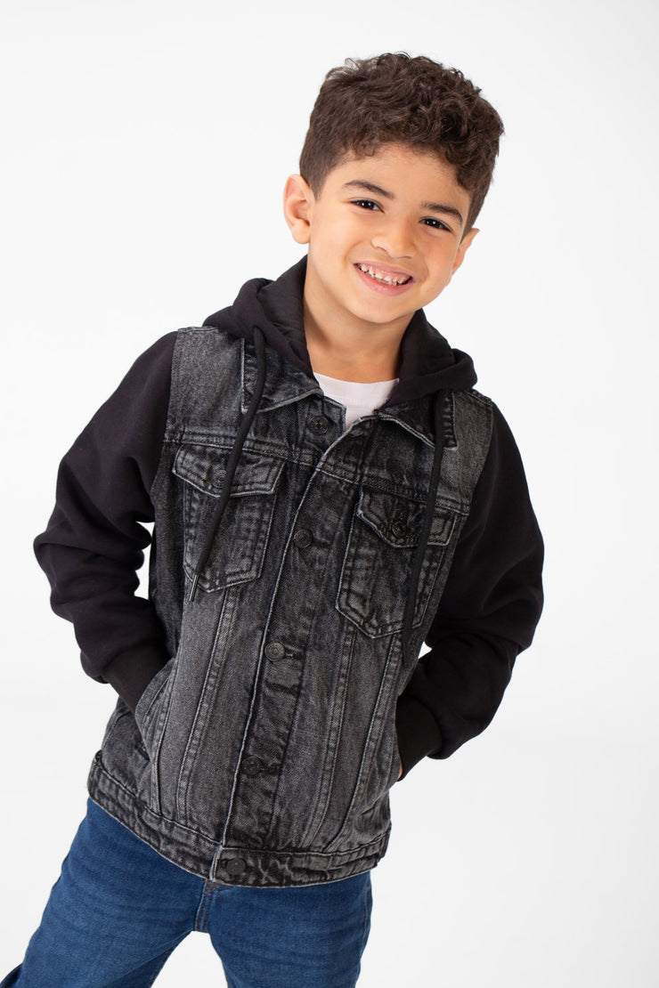 Boy's Back Text Print Denim Jacket With Melton Sleeves & Hood