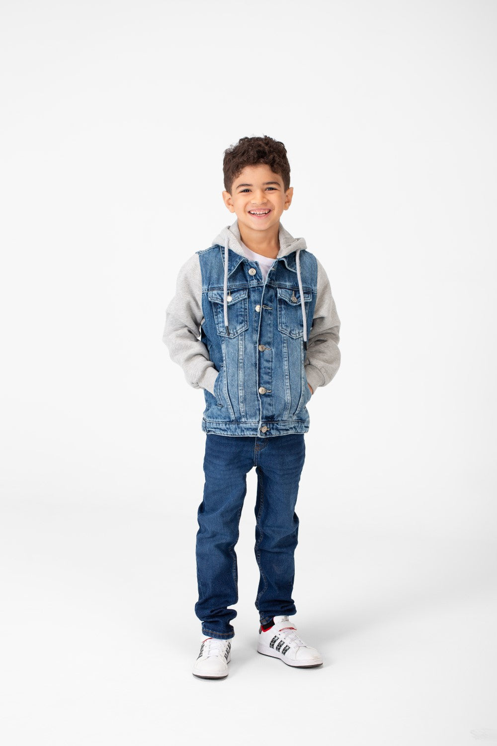 Boy's Back Text Print Denim Jacket With Melton Sleeves & Hood