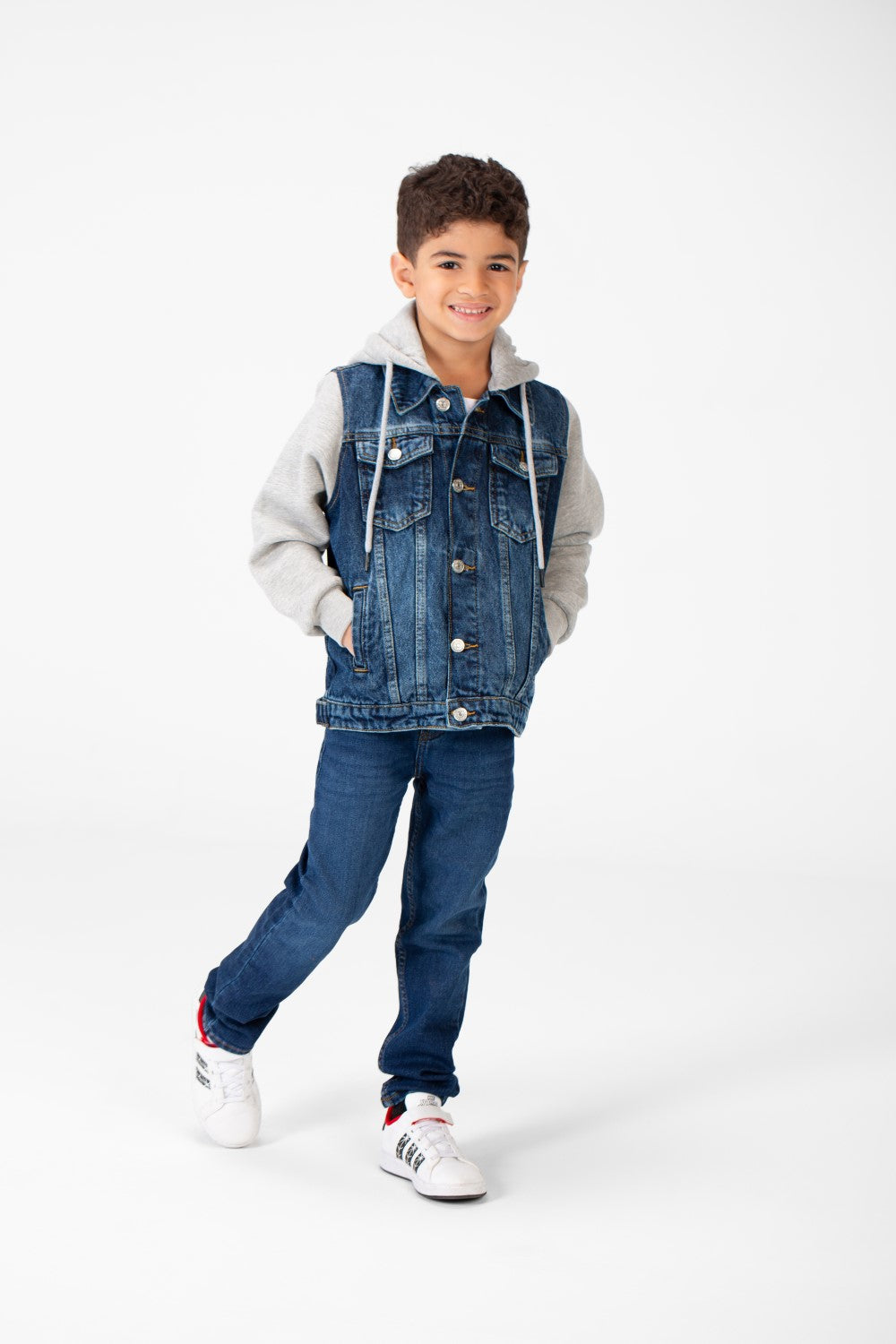 Boy's Back Text Print Denim Jacket With Melton Sleeves & Hood