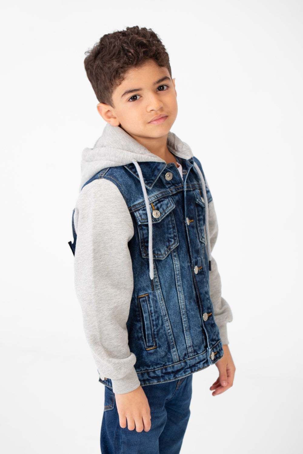 Boy's Back Text Print Denim Jacket With Melton Sleeves & Hood