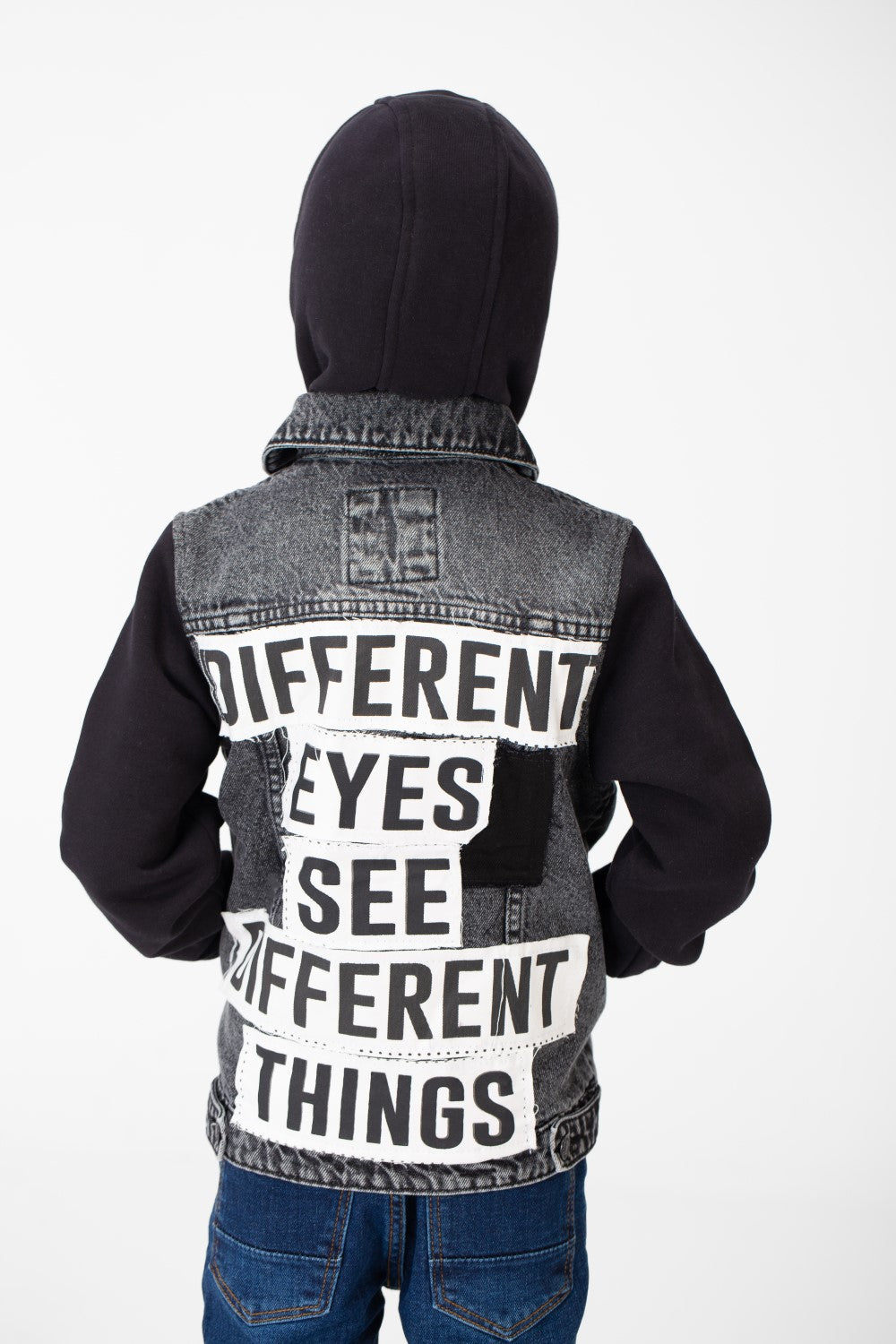 Boy's Back Text Print Denim Jacket With Melton Sleeves & Hood