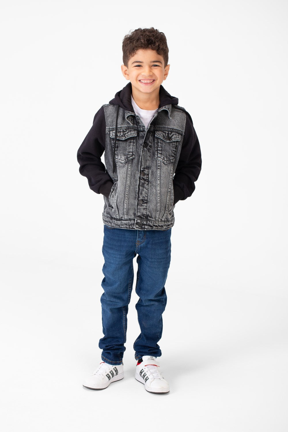 Boy's Back Text Print Denim Jacket With Melton Sleeves & Hood