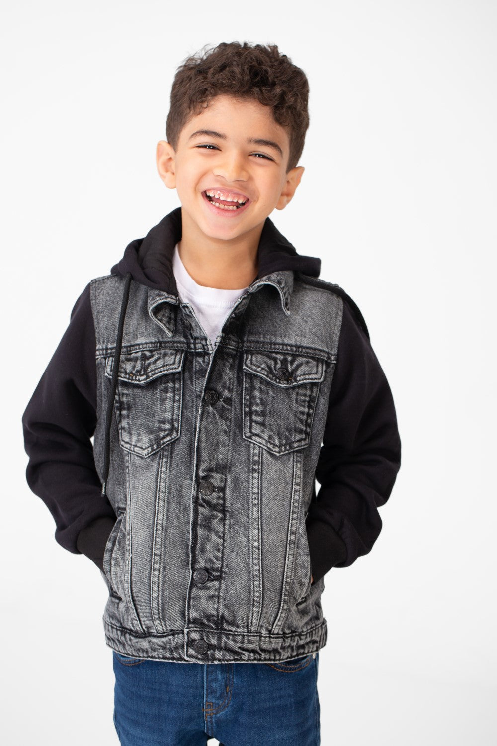 Boy's Back Text Print Denim Jacket With Melton Sleeves & Hood