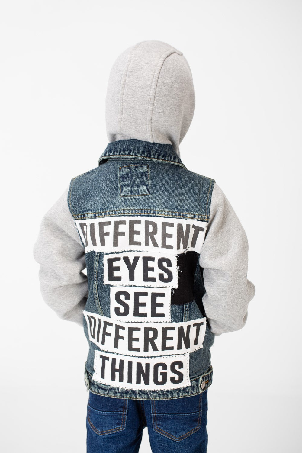Boy's Back Text Print Denim Jacket With Melton Sleeves & Hood