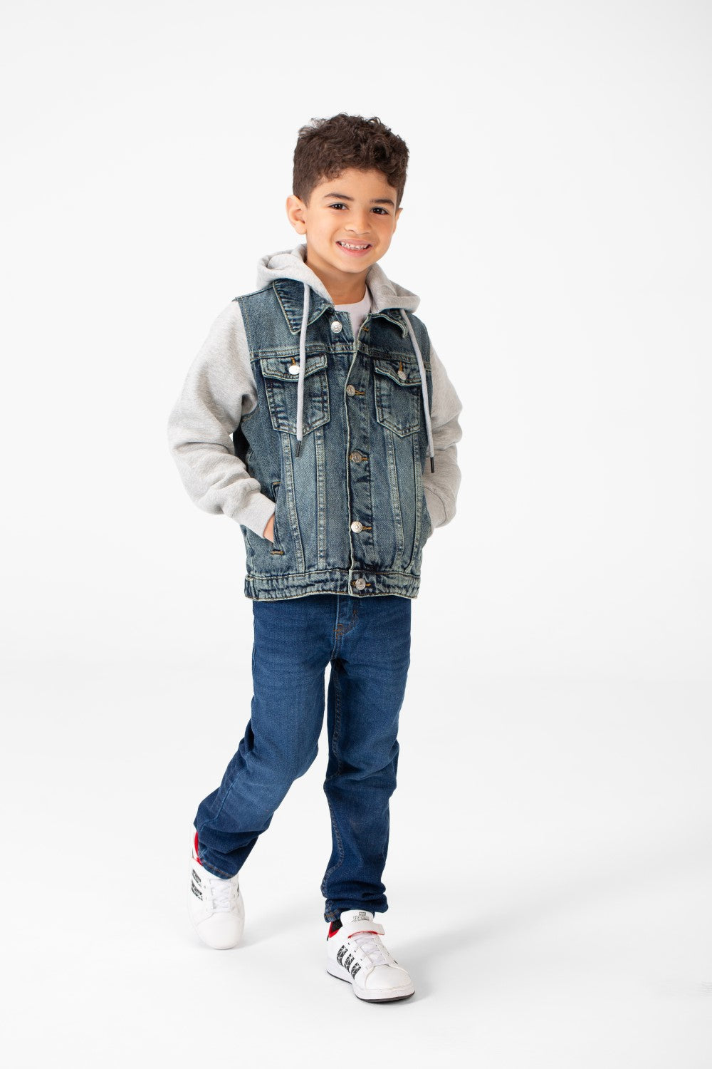 Boy's Back Text Print Denim Jacket With Melton Sleeves & Hood