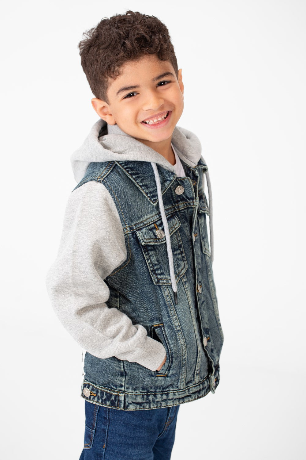 Boy's Back Text Print Denim Jacket With Melton Sleeves & Hood
