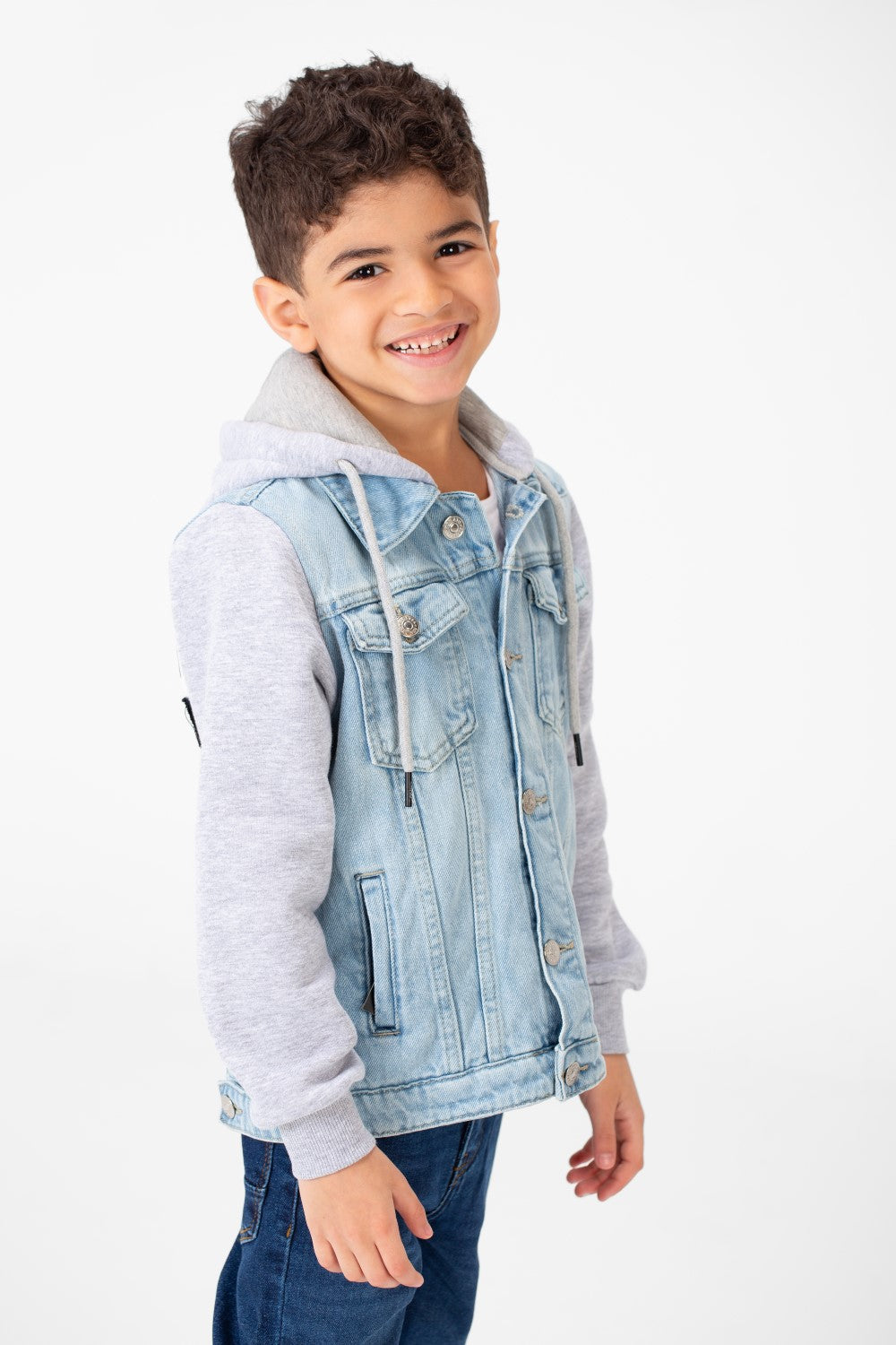 Boy's Back Text Print Denim Jacket With Melton Sleeves & Hood
