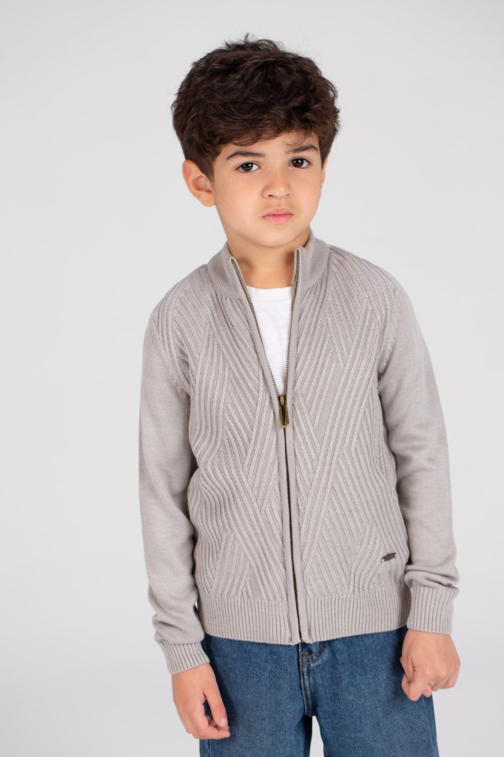 بلوفر صوف أساسي مبطن بسحاب كامل للأولاد بتصميم فريد