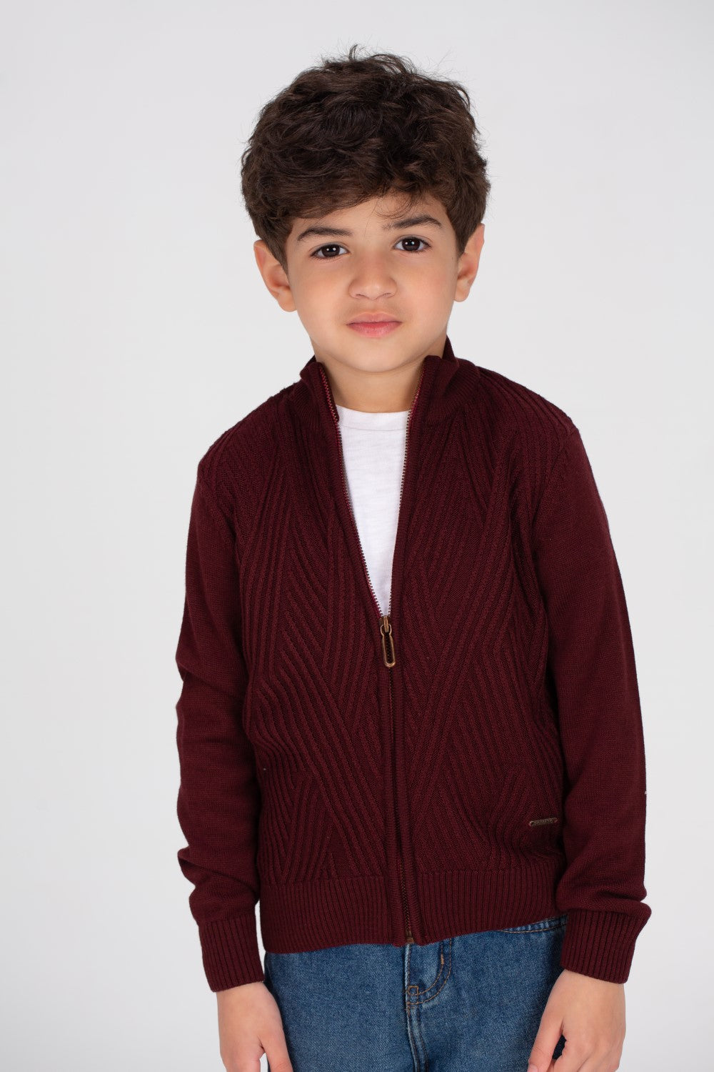 بلوفر صوف أساسي مبطن بسحاب كامل للأولاد بتصميم فريد