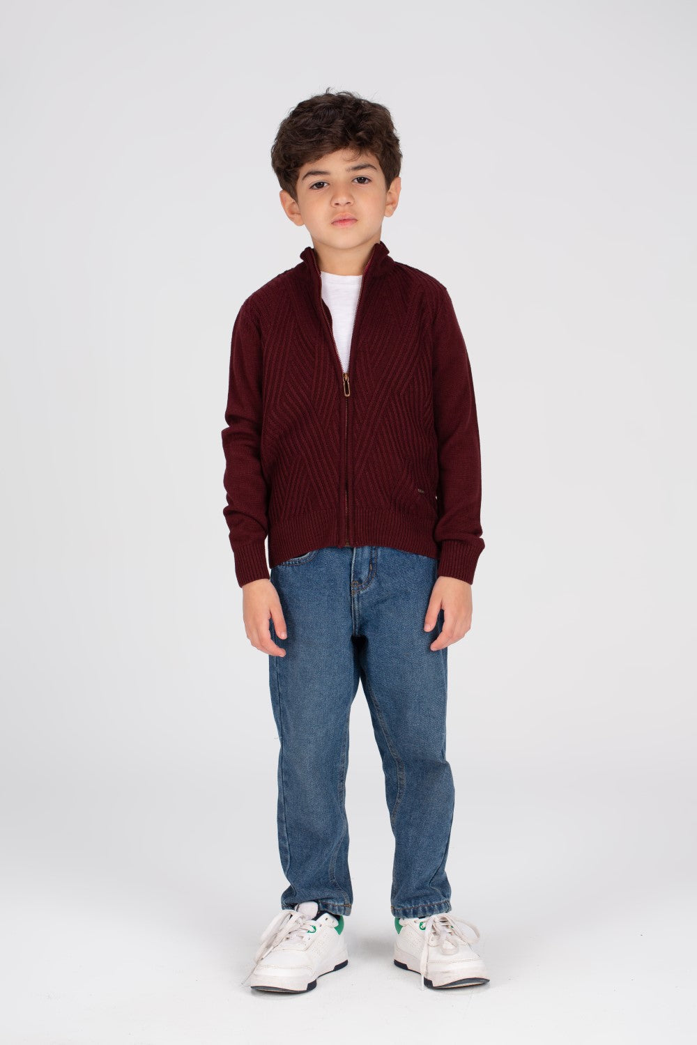 بلوفر صوف أساسي مبطن بسحاب كامل للأولاد بتصميم فريد