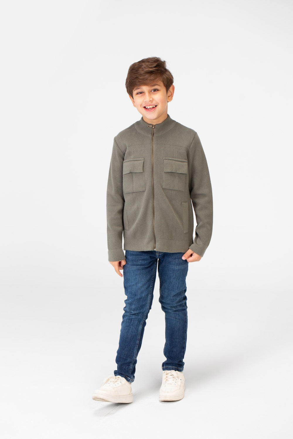 بلوفر قطني للأولاد بسحاب كامل وجيوب